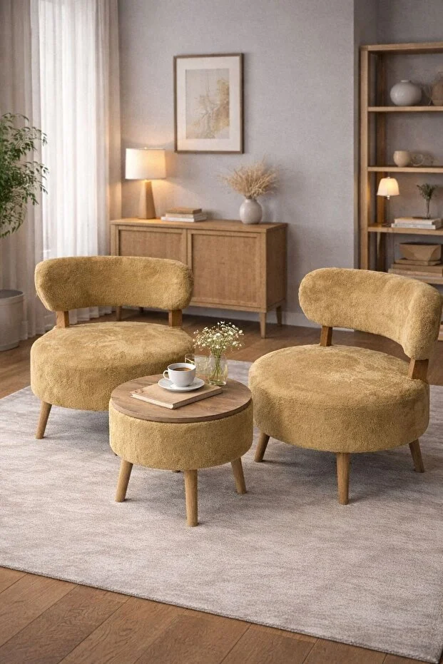 Çay Seti İkili Koltuk Berjer Ve Puf Takımı 3 lü Takım (Balkon, Salon ,Ofis ,Bahçe Takımı )